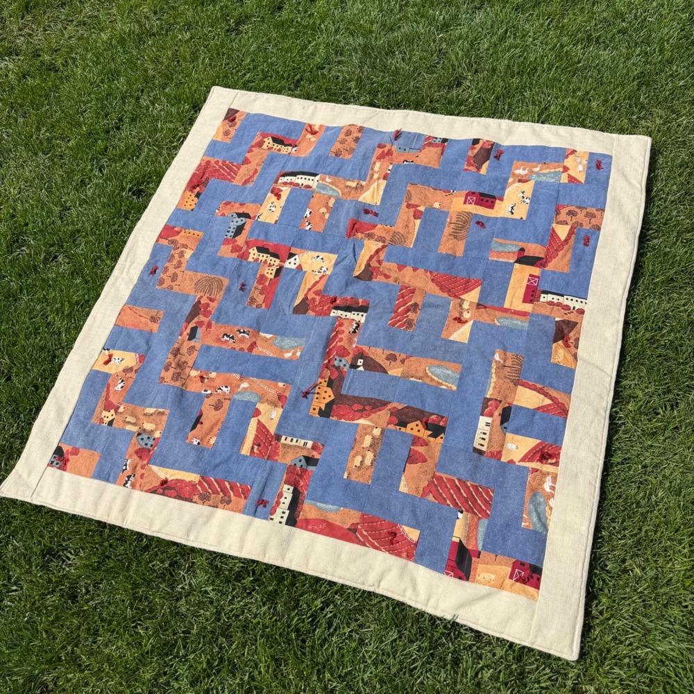 Immanuel Quilters Handmade Patchwork Farm Quilt Blue Red Country Barn 40x40 A+
